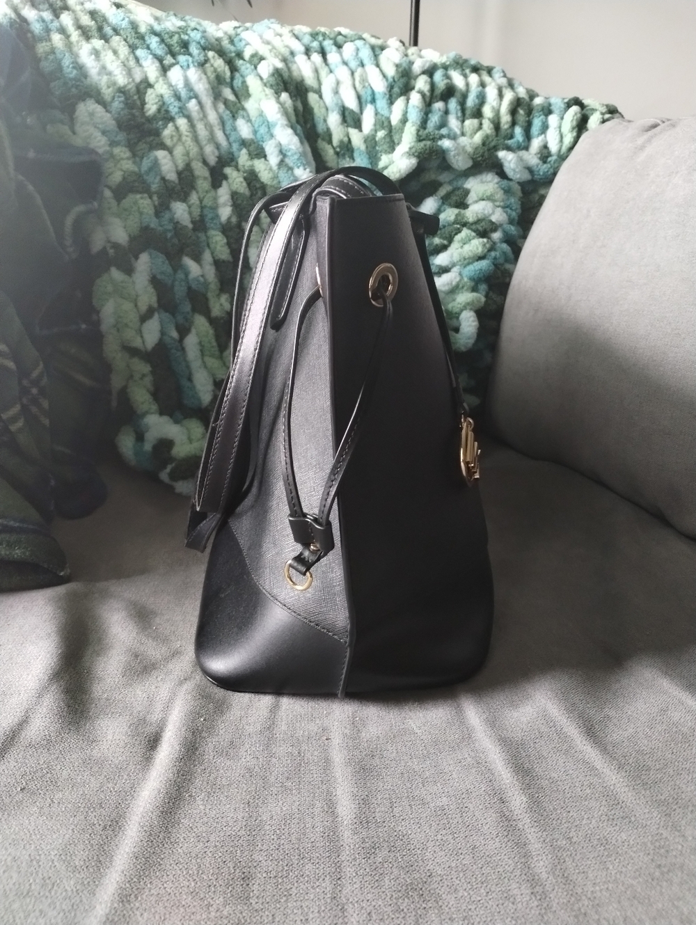 Michael Kors Trista Black Leather Tote Bag with Gold Accent - Picture 4 of 11